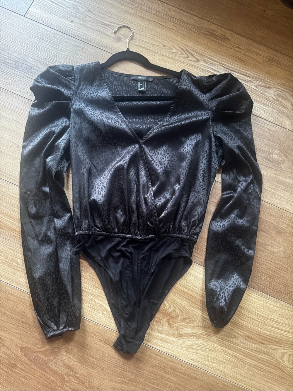 Forever 21 Black Satin Leopard-Print Long-Sleeve One-Piece Bodysuit